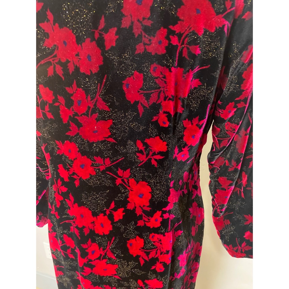 Vintage 60s 70s Black Fuschia Floral Velvet Sparkles Cheongsam Maxi Dress M/L - Picture 7 of 8